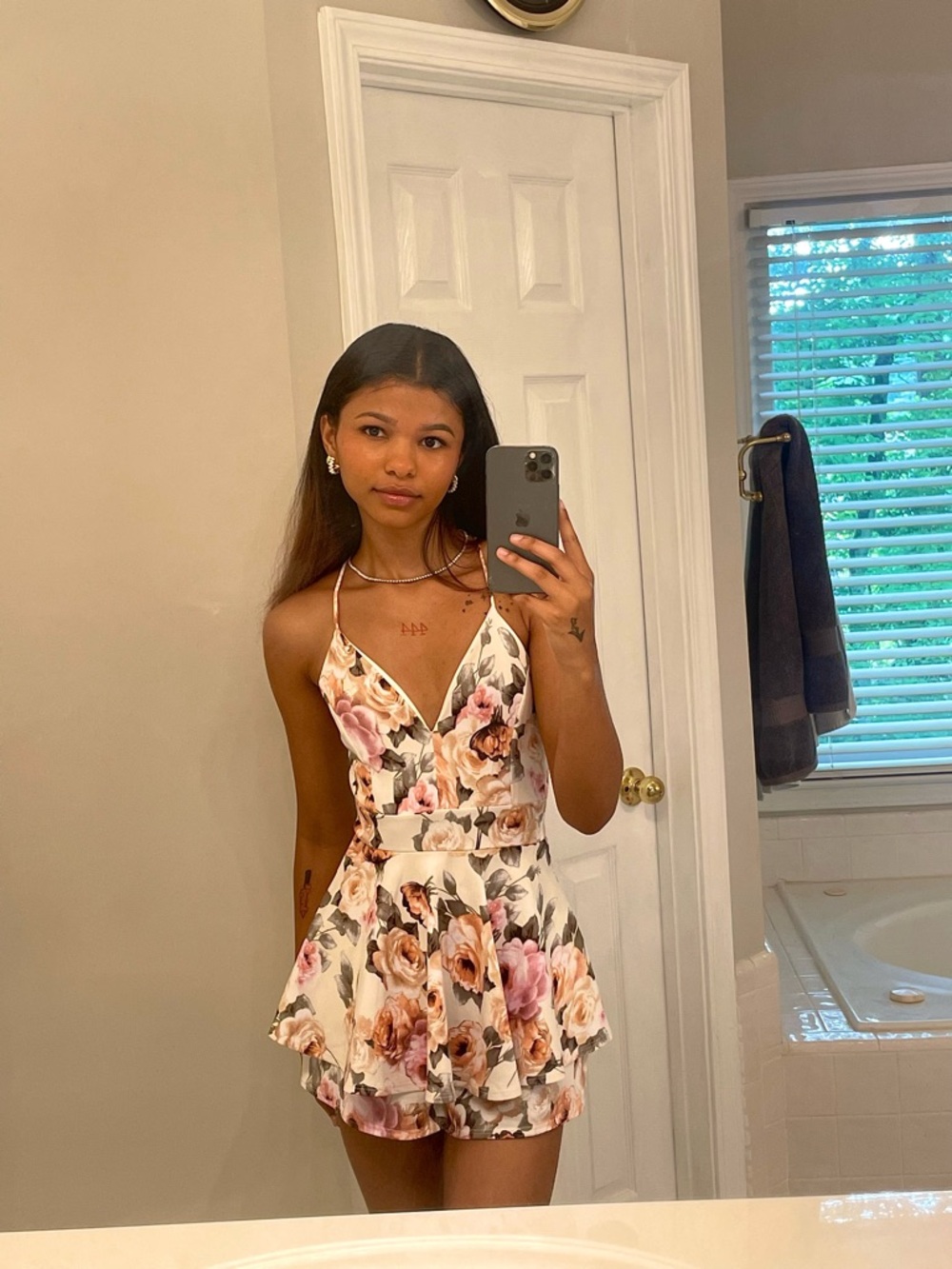windsor floral v-neck spaghetti strap romper in blush and cream